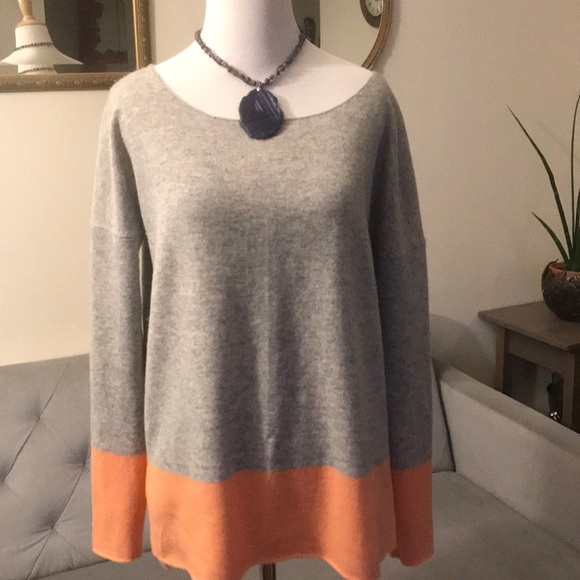 Vince Cashmere Sweater Gray Orange Colorblock - Picture 3 of 7
